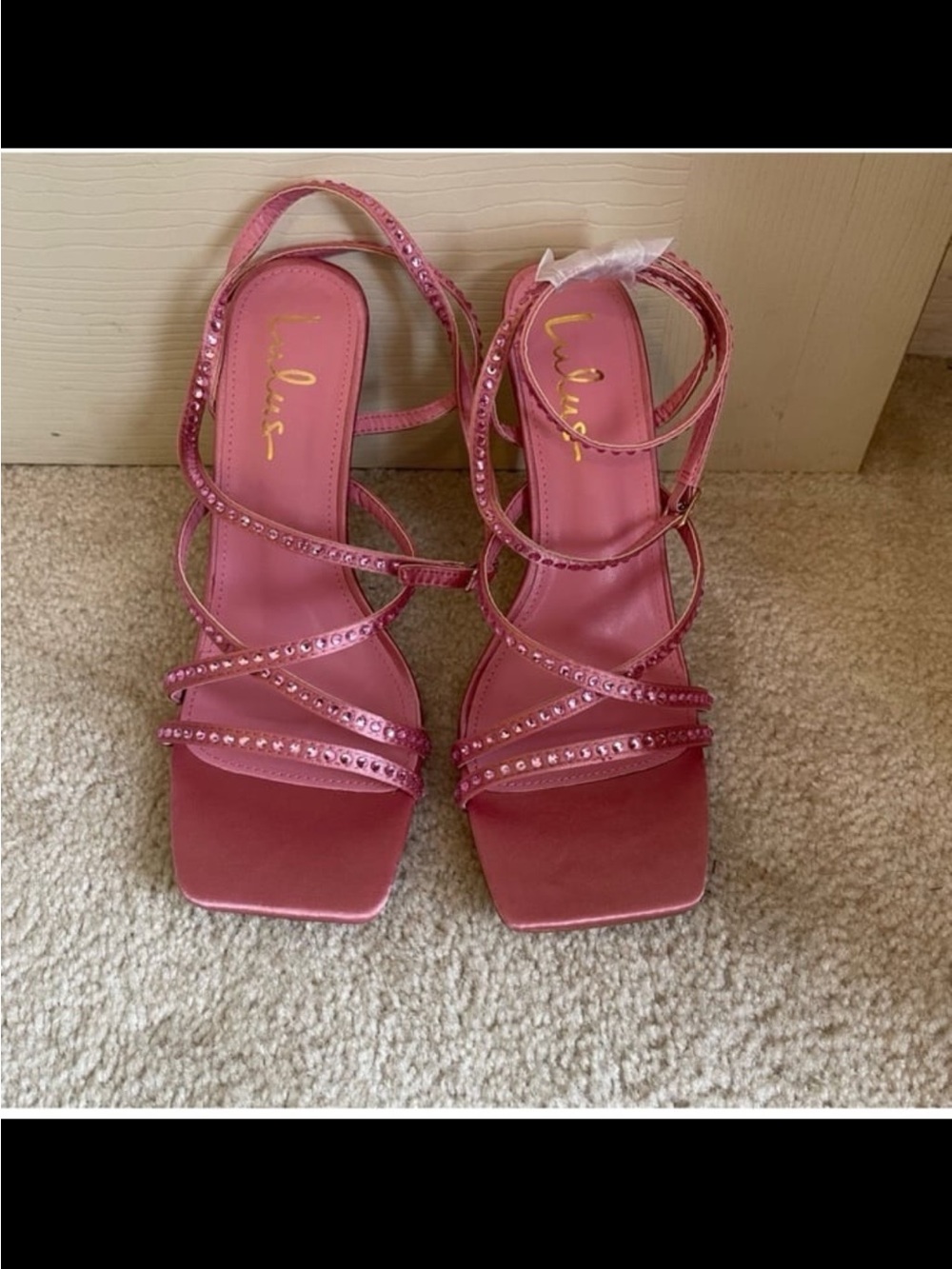 Lulu's Pink Crystal-Strap Square-Toe Heels
